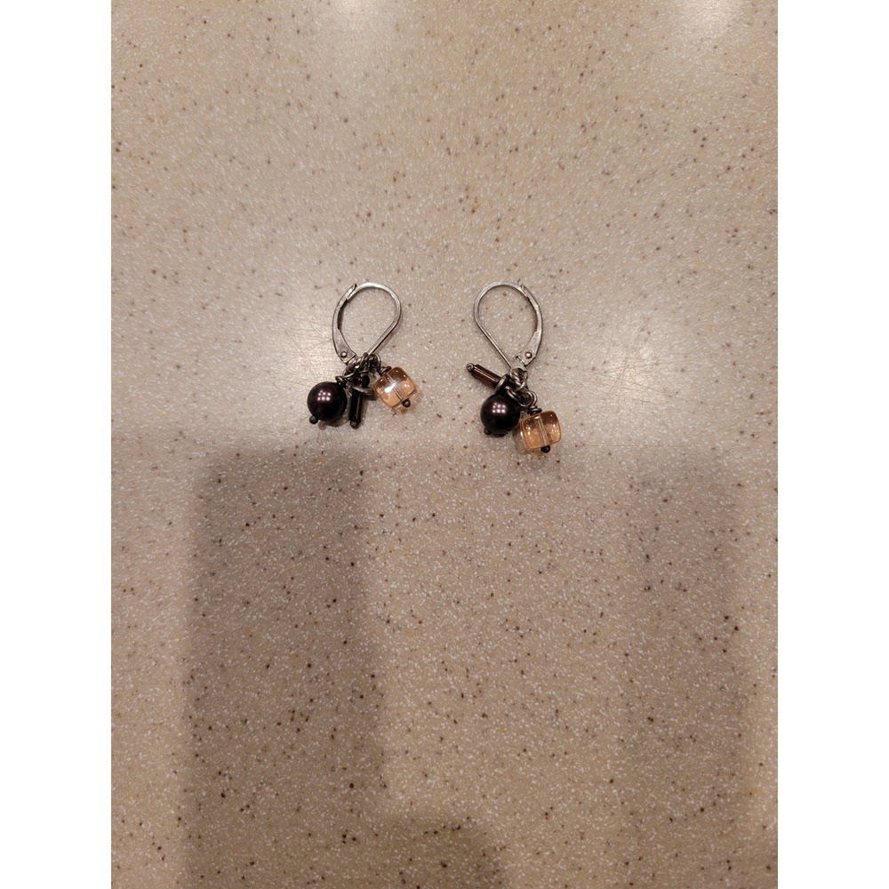 Silver Tone Leverback Drop Earrings with Black Pearl and Amber Crystal Bead - Picture 2 of 2